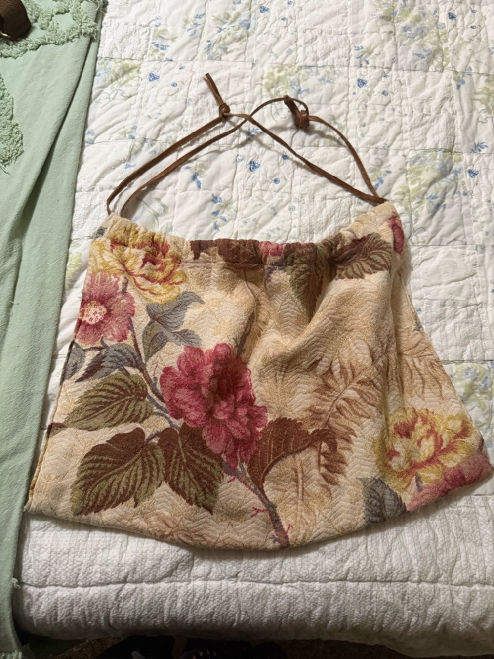 Vintage bark cloth bag with leather straps,, hand made